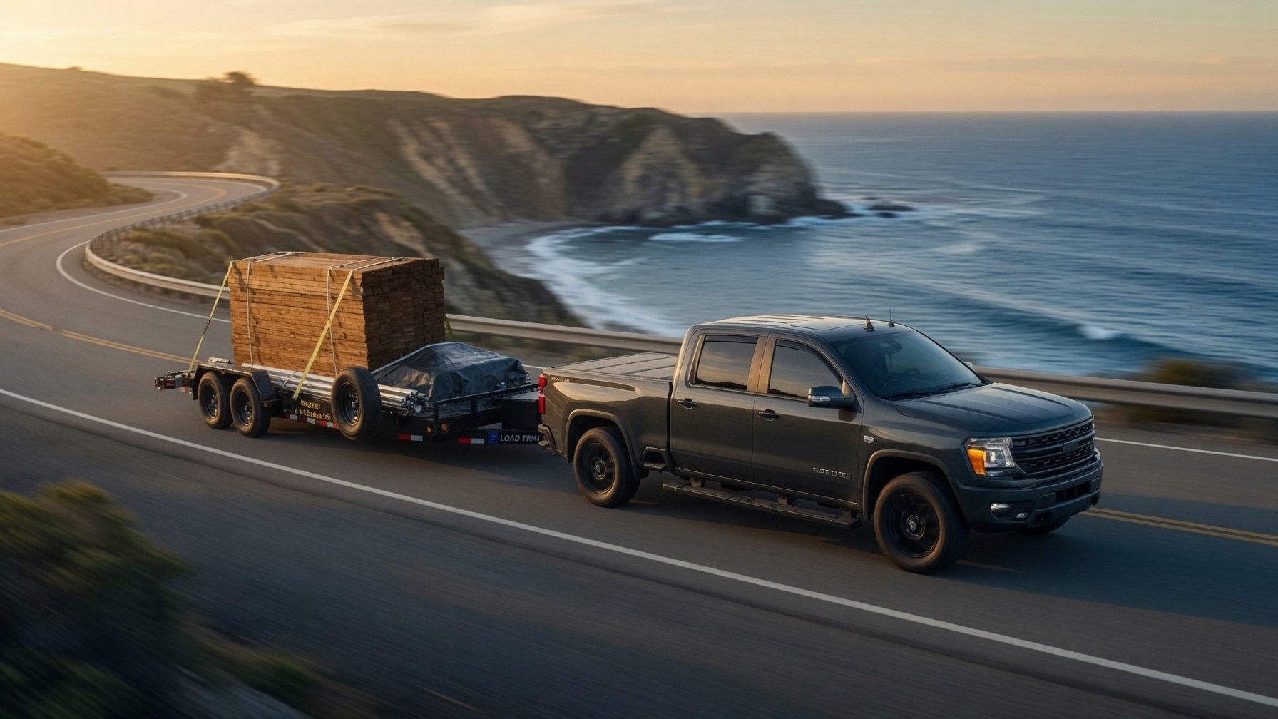 Pickup truck towing a dual-axle trailer loaded with lumber along a coastal highway at golden hour